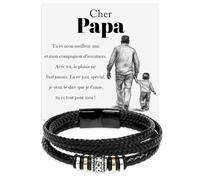 Bracelet Papa en Cuir Tressé et Acier Inox Poli de Très Haute Qualité Cadeau pour lui Fête des Pères Noël Pères - Coffret avec DÉDICACE inclus (Bracelet Papa Cuir Tressé 2)