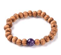 Bracelet Perle Bois Pierre Améthyste 8mm Cordon Élastique Extensible Longueur 16cm cadeau anniversaire saint valentin homme femme bijou garçon fille fête mères mamans pères papas