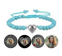 Bracelet perlé personnalisé avec photo à l'intérieur Bracelet de projection de photo en cristal Agate noire Turquoise blanche Bracelets pour petit ami Petite amie Anniversaire Bijoux de couple