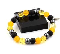 Bracelet perles d'hématite + onyx noir mat + citrine + agate jaune 8 mm