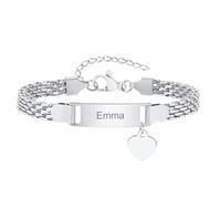 Bracelet Personnalisé Gourmette Bébé Filles - Mignon Charm Bracelet Chaîne Réglable Gravé Prénom Bracelets Bijoux Enfants Cadeaux Anniversaire Baptême Première Communion Noël (Argent,Coeur)