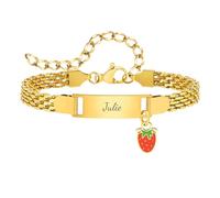Bracelet Personnalisé Gourmette Bébé Filles - Mignon Charm Bracelet Chaîne Réglable Gravé Prénom Bracelets Bijoux Enfants Cadeaux Anniversaire Baptême Première Communion Noël (Or,Fraise)