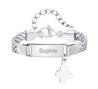 Bracelet Personnalisé Gourmette Bébé Filles - Mignon Charm Bracelet Chaîne Réglable Gravé Prénom Bracelets Bijoux Enfants Cadeaux Anniversaire Baptême Première Communion Noël (Argent,Papillon)