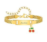 Bracelet Personnalisé Gourmette Bébé Filles - Mignon Charm Bracelet Chaîne Réglable Gravé Prénom Bracelets Bijoux Enfants Cadeaux Anniversaire Baptême Première Communion Noël (Or,Cerise)