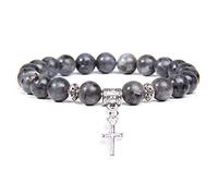 Bracelet Pierre Naturelle, 7 Chakra Pierre Naturelle Perle Bracelet Gris Marbre Élastique Bracelet Yoga Argent Croix Pendentif Bijoux pour Hommes Femmes Noël Couple Cadeau