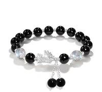 Bracelet Porte-Bonheur, Bracelet Pixiu en Argent, Bracelet Feng Shui, Bijou cornaline Noire, breloque Pi Yao, Pierres précieuses d'équilibrage des Chakras, prospérité, Aubaine(Black Agate)