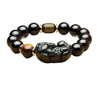 Bracelet pour homme,Bracelet oeil de tigre, Double Piyao Bracelets de perles en œil de tigre en obsidienne dorée naturelle, bracelet énergétique en obsidienne noire réglable, 9,16 mm ( Color : 10_12MM