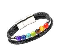 Bracelet Pour Homme En Cuir Tressé Double Couche, Orné De Perles De Pierre Naturelle Aux Vertus Curatives, Fermeture Magnétique Blanche, Style Bohème, Fait Main, Accessoire Cadeau, 7 Chakras, 21