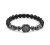 Bracelet pour homme en hématite noire mate avec perles en pierre plaquée or Bitcoin Blockchain Cryptocurrency Pendentif Charm Bracelet à breloques en forme de signe de chance en or Collecte souvenir