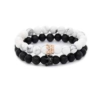 Bracelet reine et roi couronne Perles en pierre naturelle pour les couples, Bracelet élastique de CZ Couronnes roi et reine volcanique noire de et Howlite blanche, de l'amitié Couple Bracelets 8mm