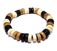 Bracelet Rondin en Bois Marron et Beige Perle 8mm Cordon Élastique Extensible Longueur 15cm cadeau anniversaire saint valentin homme femme bijou rasta garçon fille fête mères mamans pères papas