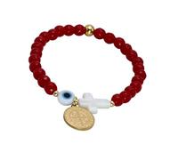 Bracelet Saint Benoît avec perles rouges, croix blanche, médaille dorée et œil turc, Ajustable, Doré, 0 g
