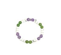 Bracelet sans fermoir, monté sur élastique, à base de howlite naturelle et de pierres véritables. Charme fleur en argent vieilli 925, idée cadeau français (AMETHYSTE/AVENTURINE VERTE, 19 CM)