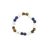 Bracelet sans fermoir, monté sur élastique, à base de howlite naturelle et de pierres véritables. Charme fleur en argent vieilli 925, idée cadeau français (OEIL DE TIGRE/LAPIS LAZULI, 18 CM)