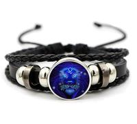 Bracelet signe du zodiaque esprit Z - Bracelet pour homme et femme - Réglable - 12 constellations - Bracelet multicouche en cuir noir pour homme et femme, taille unique, Cuir synthétique et corde