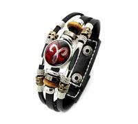 Bracelet Signes Du Zodiaque - Bracelets Vintage Femmes Hommes Punk Rouges, Bouton Pression Tressé Réglable Multicouche 12 Constellation Bracelet En Cuir Cadeau, Bélier, Ajusta