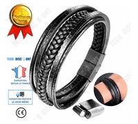 Bracelet - TD® - Multicouche - Cuir Noir - Acier Inoxydable - 20 cm