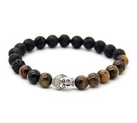 Bracelet Tête de Bouddha Pierre de Lave Perle Oeil de Tigre 8mm Cordon Élastique Extensible Longueur 16,5cm buddha tibétain bouddhiste bouddhisme chinois yoga cadeau bijou zen méditation femme homme