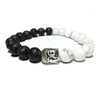 Bracelet Tête de Bouddha Pierre Volcanique et Perle Howlite Blanc 8mm Cordon Élastique Extensible Longueur 16,5cm lave buddha tibétain bouddhiste bouddhisme chinois yoga cadeau bijou zen méditation