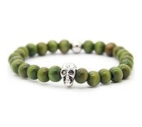 Bracelet Tête de Mort Perle Bois Vert 8mm Cordon Élastique Extensible 17cm