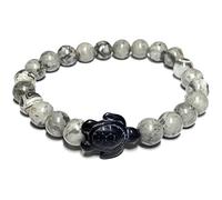 Bracelet Tortue Noire Pierre Veines Dragon Gris 8mm Perle cordon extensible de longueur 17,5cm saint valentin homme femme garçon cadeau anniversaire fille fête des mères mamans pères papas