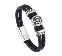Bracelet Tresse en Cuir avec Boussole Viking pour Homme -Bracelet en Amulette en Perles de en Acier Inoxydable Vegvisir Nordique - Tissage Cuir Double Couche Bijoux de Mode Vintage(19CM)