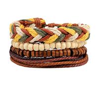 Bracelet Tressé pour Femme,Vintage Tressé Corde Bracelet Marron 4 Pièces en Cuir Cire Corde Bois Perlé Bohême Tissé Bracelets pour Hommes Femmes Enfant Ami Bijoux Faits À La Main Cadeau