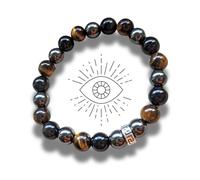 Bracelet triple protection en vraies pierres naturelles – Œil de tigre, hématite et obsidienne – Perles 8 mm – Taille M élastique universelle