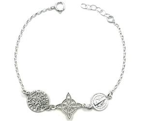 Bracelet triple protection tétragramme, nœud de sorcière et scapulaire de Saint Benoît en argent sterling, 58 (18,5), Pierre, Diverses
