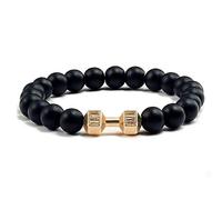 Bracelet Unisexe en Perles de Pierre Naturelle Fait À La Main, Pierre Précieuse Noire Mate Brillante avec Breloque Haltère, Bracelet de Fitness Élégant et Charmant en Or Mat 8 mm
