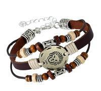 Bracelet Unisexe Vintage Avec 12 Signes Du Zodiaque, Orné De Pièces Rondes Et De Perles En Bois. Ce Bracelet Tissé À La Main, Orné Des Signes Du Zodiaque, Est Ajustable Et Mesure 21 Cm (Lion).