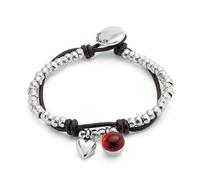 Bracelet Uno de 50 en argent sterling plaqué, orné de perles, de cuir et de verre rouge de Murano.