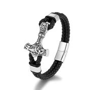 Bracelet viking en cuir marteau de Thor - Bracelet Mjölnir en acier inoxydable avec fermeture magnétique - Mythologie nordique - Bijoux pour homme et femme - Accessoire médiéval pour motard (19/21/23