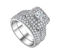 Bracelets Cerceau Anneaux 2 pièces ensemble Couple princesse carré ensemble bague fiançailles bijoux de mariage pour les femmes Anneaux Bijoux (Silver, 11)