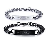 Bracelets d'amitié pour homme et femme - En acier inoxydable - Nom, date, ID - Pour votre gravure - Cadeau pour couple, amitié, sœur, frère, famille, ami, Métal