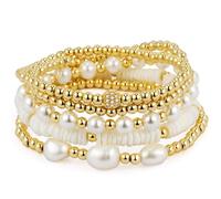 Bracelets de perles en or pour femme - Bracelets empilables pour femme - Plaqué or 14 carats - Bracelet extensible à billes - Hypoallergénique, 7 inches, Cuivre, Sans pierre précieuse