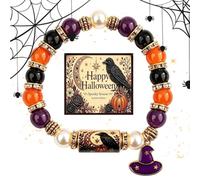 Bracelets d'Halloween - Bracelet de perles élastique effrayant | Breloque | Design élastique en perles, breloque chapeau de sorcière festive et carte de présentation incluse, ajustement extensible