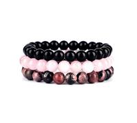 Bracelets élastiques en rhodonite quartz rose et agate noire - FESTIVUS - Lot de 3