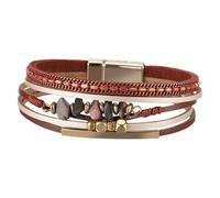 Bracelets En Cuir Bohème Pour Femmes, Bracelets Manchettes En Perles De Cristal Brut Naturel, Bracelets Tubes Dorés Faits À La Main, Bracelet Multicouche Avec Fermoir Magnétique Rouge 19,5 Cm