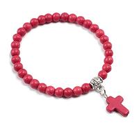Bracelets en Perles de Pierre Naturelle pour Hommes et Femmes, Bracelet Extensible en Pierre Turquoise Rouge de 6 mm avec Breloque Croix, Bracelet de Yoga pour La Saint-Valentin et Un Anniversaire.
