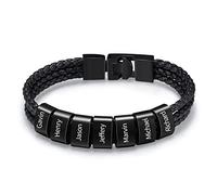 Bracelets personnalisés pour hommes Bracelet en cuir tressé avec 1-8 noms Gravé Bracelet de nom personnalisé pour Père Mari Cadeaux (Noir, 7 noms)