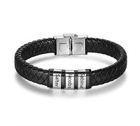 Bracelets personnalisés pour hommes Bracelet en cuir tressé avec 1-8 noms Gravé Bracelet de nom personnalisé pour Père Mari Cadeaux (Argent+Noir, 4 noms)