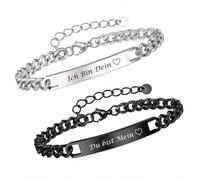 Bracelets pour couple avec gravure - Personnalisable - Noir et argenté | Bracelet réglable personnalisable en acier inoxydable pour couple anniversaire, homme, femme, Saint-Valentin, amitié