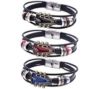 Bracelets Punk, Bracelet de Guitare pour Hommes 3 Pièces Bracelet en Cuir, Rouge et Bleu pour Hommes avec Tête de Guitare en Alliage Tressé Réglable Bijoux Poignet Quotidien/Performance, Idéa