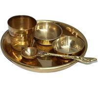 BRACOP® Brass Bhog Thali Ensemble de 5 Assiettes Indiennes pour la puja, décoration Religieuse pour la Maison, Forme Ronde, Service pour Janmashtami, rituels Quotidiens, déesse hindoue, puja