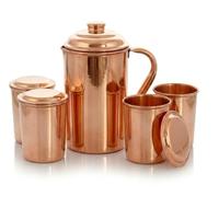 BRACOP® - Ensemble Carafe et Verres à Eau en Cuivre - Pichet de 1,5 L avec 4 Gobelets et Couvercles - Style Moscow Mule - Récipients et Ustensiles de Service en Cuivre Étanches