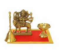 BRACOP Lot de 4 Statues de Durga en Laiton - Déesse hindoue Pooja et décoration d'intérieur Déesse hindoue pour Navratri Sculpture décorative pour Diwali Diya en Laiton Fait Main Cadeaux Religieux