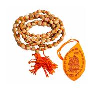 BRACOP Mala de Tulsi avec pochette Japa design - 108 perles de bois nouées à la main pour la prière aux déesses hindoues - Pochette couleur safran - Coffret cadeau spirituel pour hommes et femmes