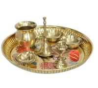 BRACOP® Plateau de puja décoratif en Laiton Ensemble de 7 pièces Plateau de Service en Relief Plateau Indien pour l'aarti Articles Religieux pour la puja à Domicile Plateau pour Le Temple Plateau