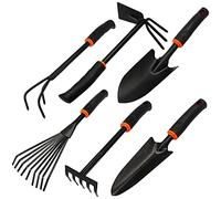 BRADAS® Kit d'outils de jardin 6 pièces DE LUXE en acier 6en1: 2 x Pelle à fleurs 6 cm & 8 cm, petit râteau, houe combinée (double houe), grelinette, râteau à gazon (petit balai) | Ensemble d'outils